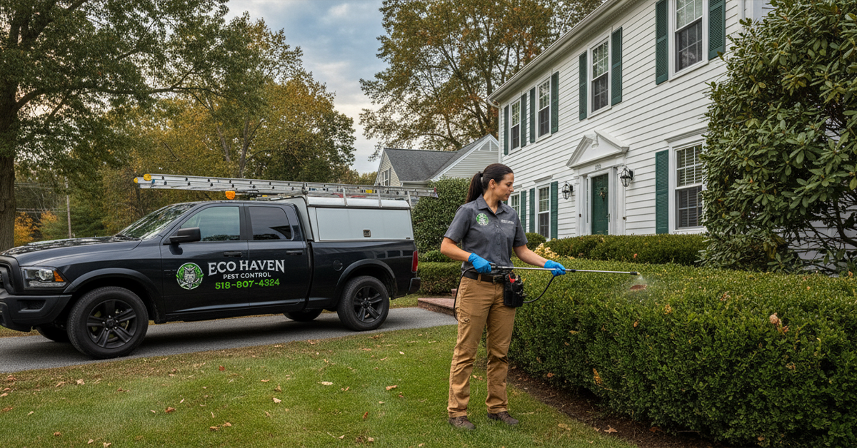 Pest control worker spraying bushes outside house