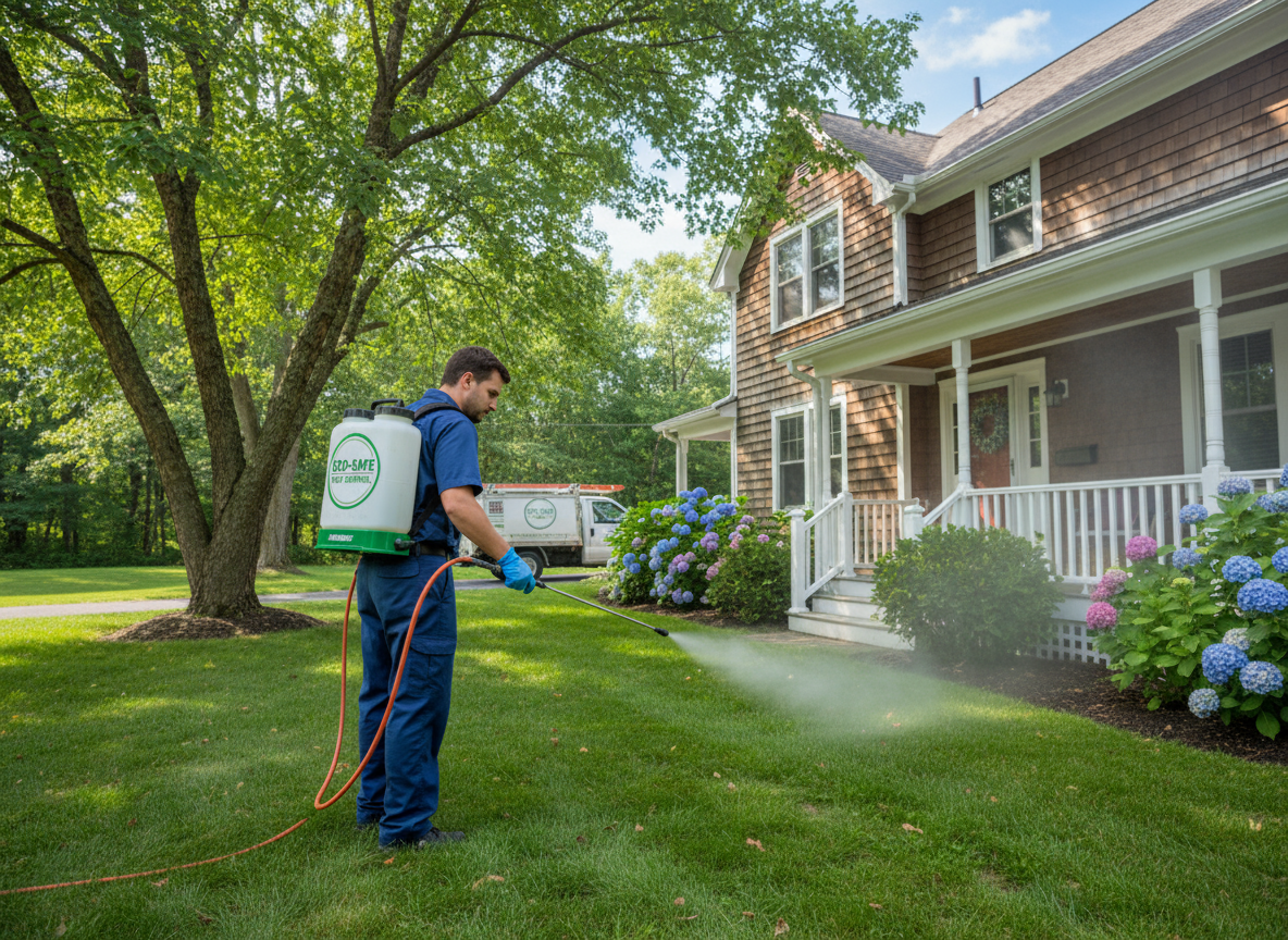Technician spraying eco-friendly pest control on lawn