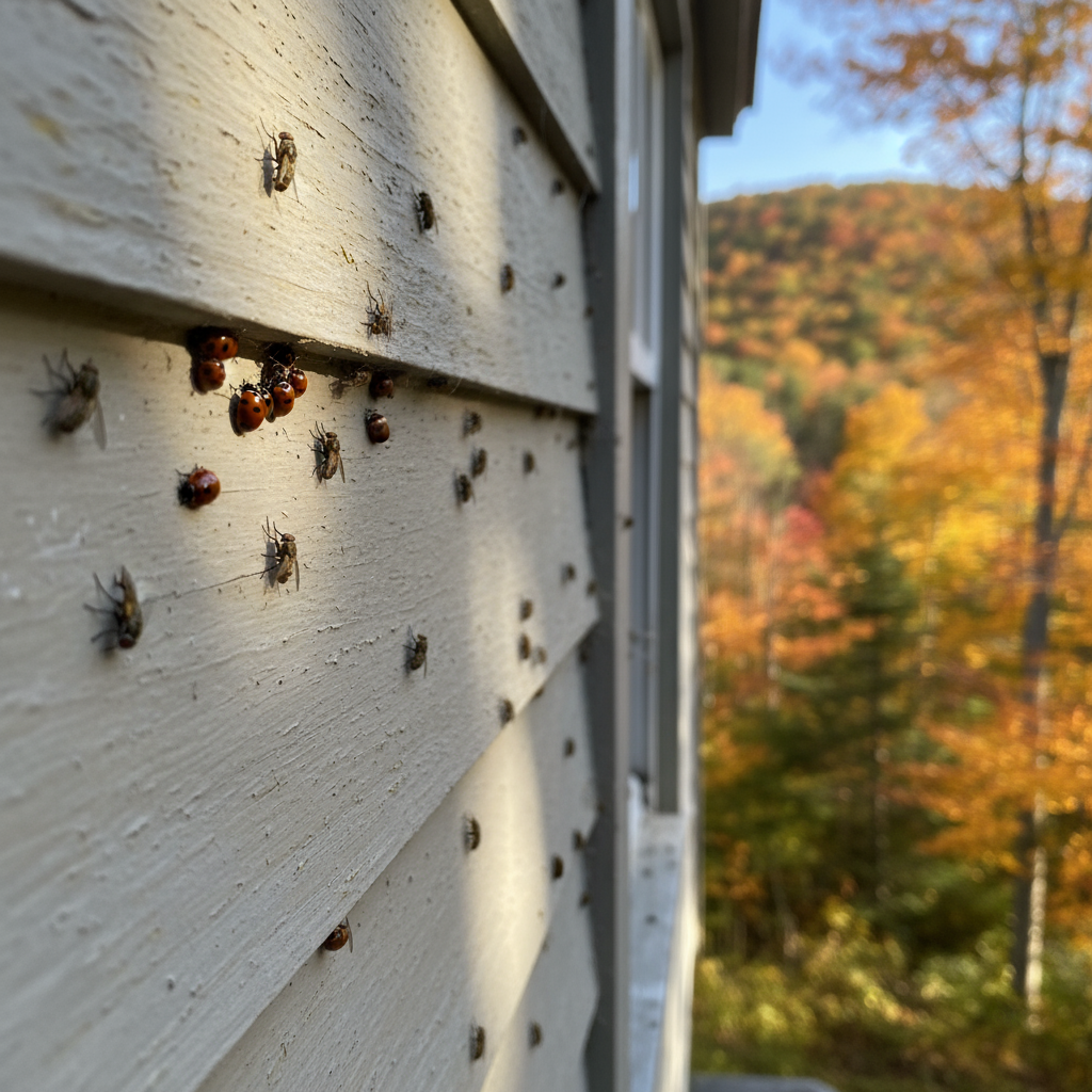 Ladybugs clustering on house siding in autumn