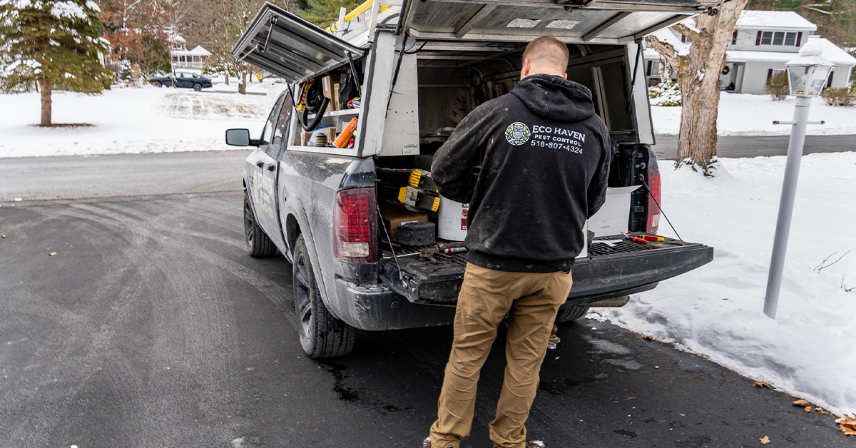 Pest control worker preparing equipment from truck